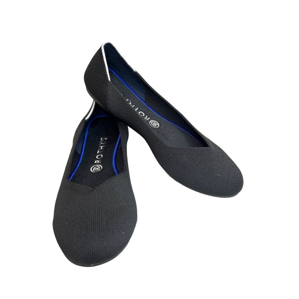Rothys Womens Size 10.5 Retired Black Round Toe White Halo Trim Ballet Flat Shoe